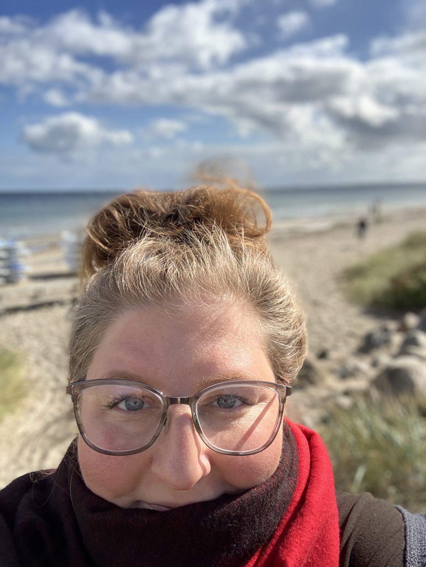 Denise Apel, eine Frau mit Brille und hellen, lockigen Haaren, die zu einem Dutt zusammengebunden sind, trägt einen rot-schwarzen Schal und lächelt in die Kamera – im Hintergrund sind ein Sandstrand mit Gras, Felsen, blauer Himmel, Wolken und das Meer zu sehen.