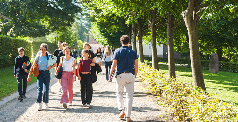 An einem sonnigen Tag spazieren Schüler auf einem von Bäumen gesäumten Weg in der Nähe der Internatspädagogin Stelle Solling. Einige unterhalten sich in Gruppen, während andere alleine gehen; das Sonnenlicht fällt durch hohe Bäume und grüne Sträucher, im Hintergrund ist ein Campusgebäude zu sehen.