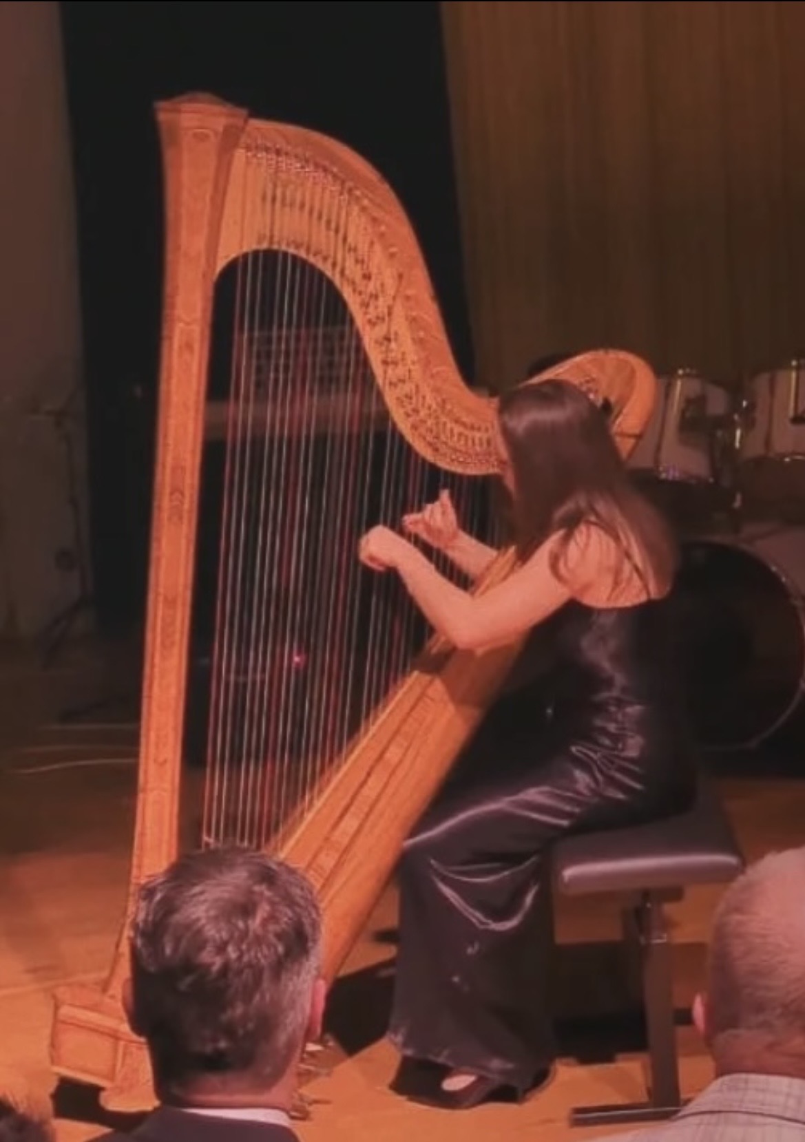 Anna (LSH seit 2023) sitzt in einem schwarzen Satinkleid auf einer Bank und spielt auf der Bühne eine große Holzharfe. Warmes Bühnenlicht setzt die Künstlerin und ihr Instrument in Szene, im Vordergrund befindet sich das Publikum und hinter ihr steht ein Schlagzeug.